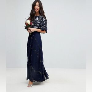 ASOS- Women’s Navy Blue Floor Length Embellished Dress Flutter Sleeve, Size 12